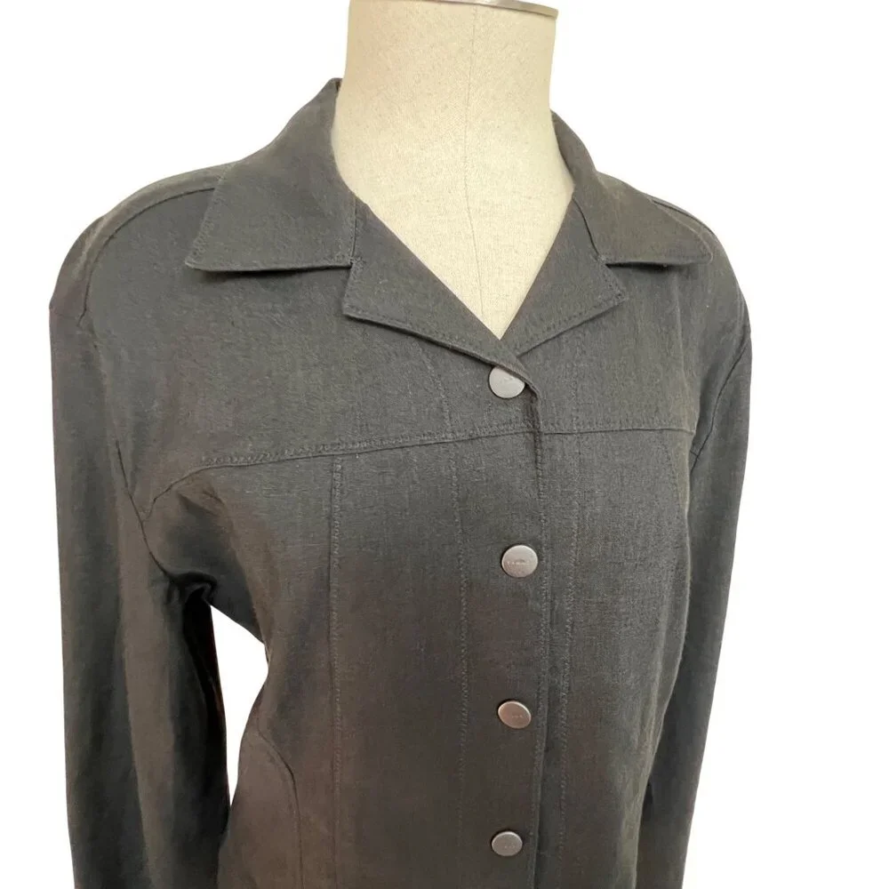 TAHARI Black Button-Front Long-Sleeve Linen Blend Jacket Women’s Large - Picture 9 of 9
